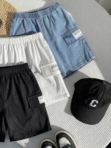 SHEIN 3件裝小男孩休閒軟舒適拼接牛仔短褲，適合日常穿著、上學、運動，春夏季適用 - 彩色 - 查看 4