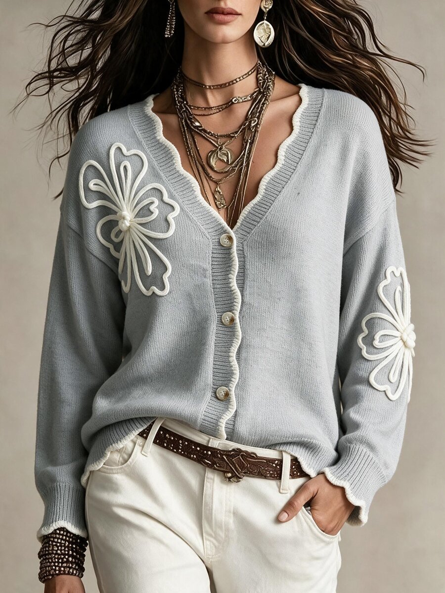 SHEIN LUNE Elegant Romantic Cute Design Wavy Edge V-Neck Long Sleeve ...
