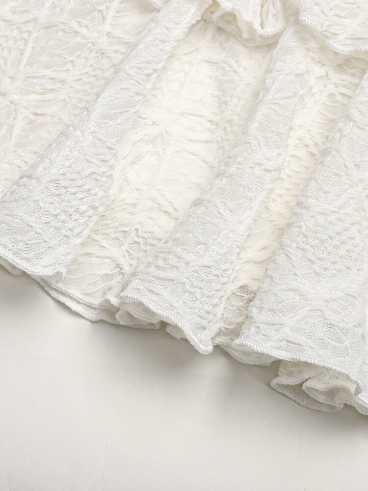 SHEIN Girlism Kids Teen Girls Knit Lace Casual Elegant Textured Ruched A-Line Double Ruffle Hem Skater Skirt White Skirt With Built-In Shorts - White - View 5
