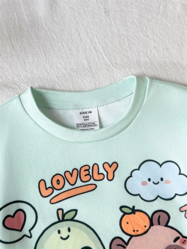 SHEIN Kids Tween Girl Cute Cartoon Tween Girl Print Knitted Pajama Set, Long Sleeve Top And Long Pants, Fitted Comfortable Tween Girl, Snug Fit - Green - View 3