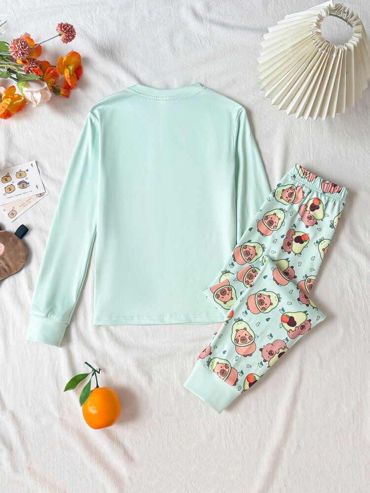 SHEIN Kids Tween Girl Cute Cartoon Tween Girl Print Knitted Pajama Set, Long Sleeve Top And Long Pants, Fitted Comfortable Tween Girl, Snug Fit - Green - View 2