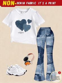 Autumn Casual Fashion Tween Girls Simple Denim Effect Print Short Sleeve T-Shirt American Vintage Heart Print Design Shorts 2pcs Set Blue White - White - View 4