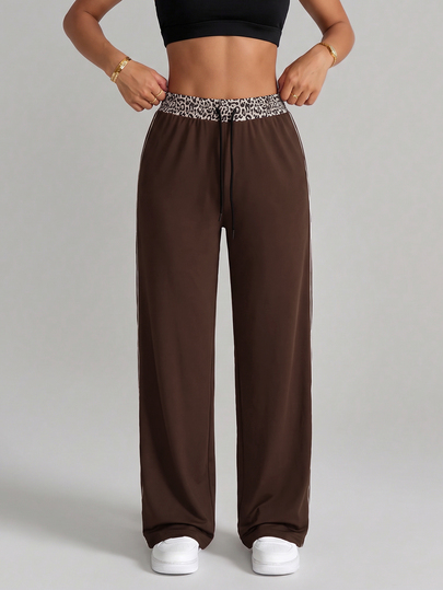 SHEIN Sports Nuevos pantalones largos deportivos de mujer de verano con cintura alta y estampado de leopardo marrón, cintura ajustable con cordón, corte holgado, cómodos, estilo minimalista elegante