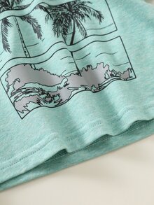 SHEIN 嬰兒男童女童卡通椰子樹圖案針織柔軟圓領短袖棉質上衣 - 綠色 - 查看 5