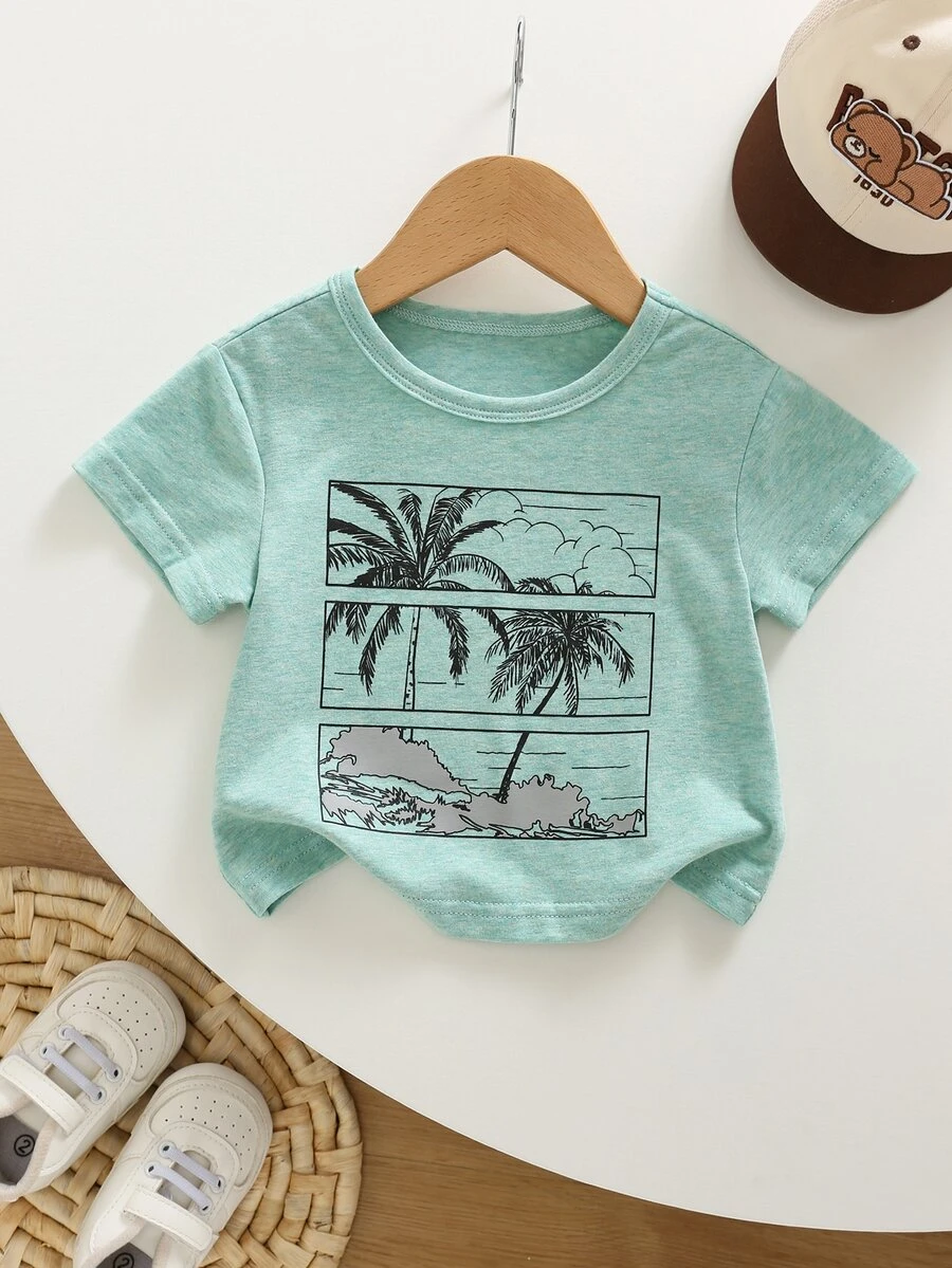 SHEIN Baby Boy Baby Girl Baby Boy Cartoon Coconut Tree Pattern Knitted Soft Round Neck Short Sleeve Cotton Top - Green - View 1
