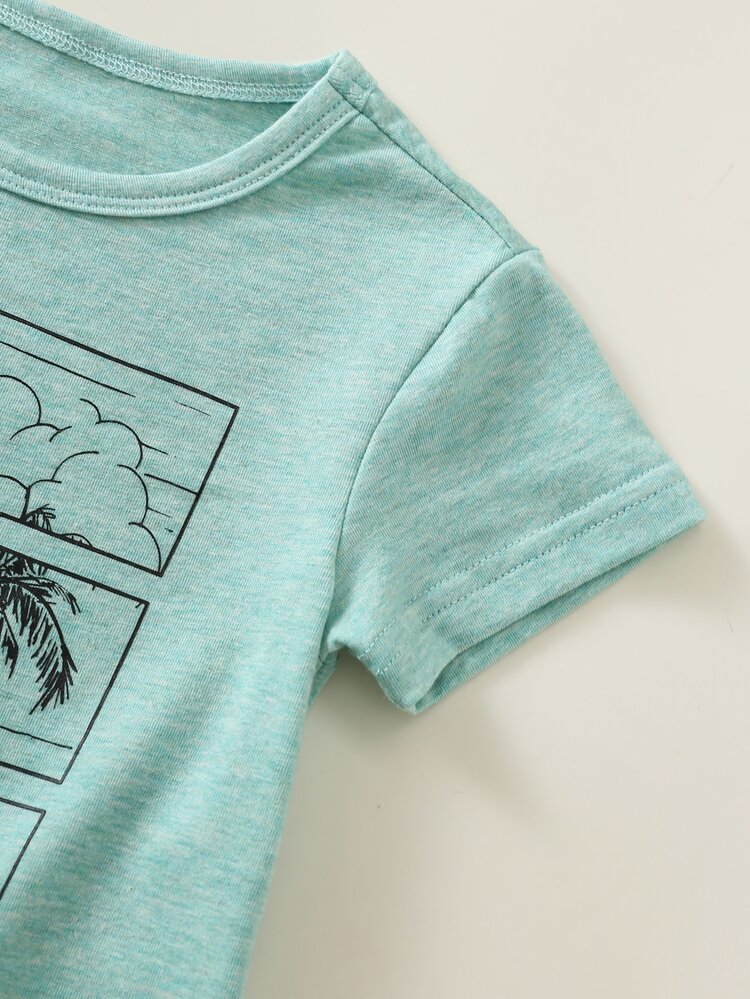 SHEIN Baby Boy Baby Girl Baby Boy Cartoon Coconut Tree Pattern Knitted Soft Round Neck Short Sleeve Cotton Top - Green - View 4