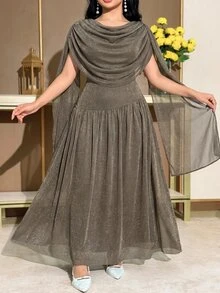 Modelyn Plus Size Women Solid Color Pleated Shiny Ribbon Design Elegant Dress - Grey - View 8