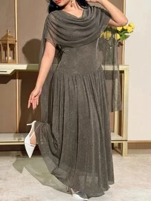 Modelyn Plus Size Women Solid Color Pleated Shiny Ribbon Design Elegant Dress - Grey - View 6