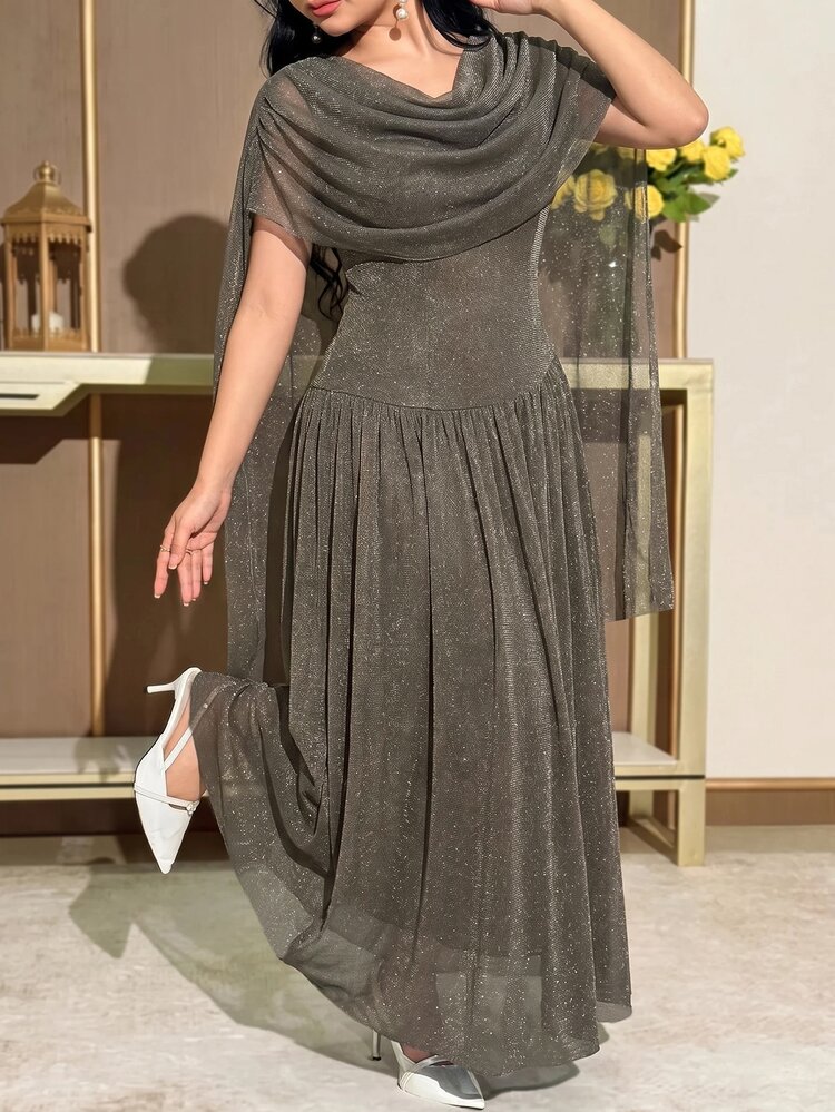 Modelyn Plus Size Women Solid Color Pleated Shiny Ribbon Design Elegant Dress - Grey - View 5