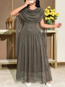 Modelyn Plus Size Women Solid Color Pleated Shiny Ribbon Design Elegant Dress - Grey - View 2
