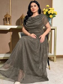 Modelyn Plus Size Women Solid Color Pleated Shiny Ribbon Design Elegant Dress - Grey - View 7