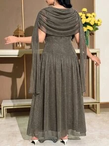 Modelyn Plus Size Women Solid Color Pleated Shiny Ribbon Design Elegant Dress - Grey - View 3