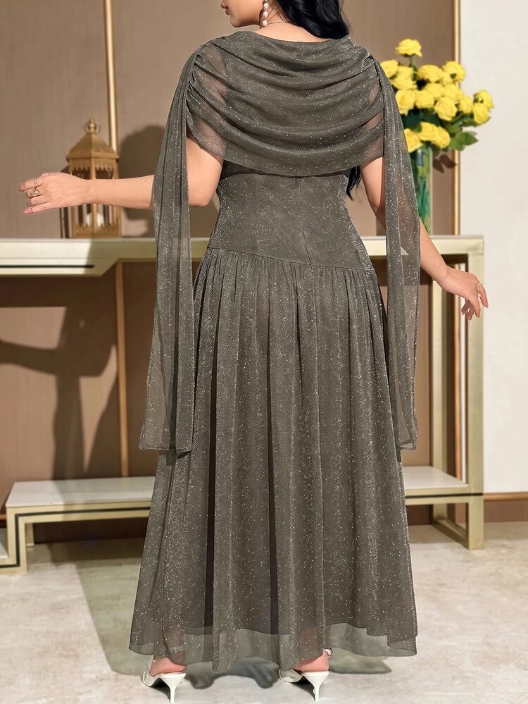 Modelyn Plus Size Women Solid Color Pleated Shiny Ribbon Design Elegant Dress - Grey - View 2