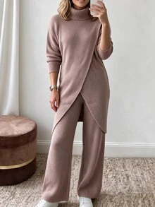 Louniche Elegant High Neck Asymmetrical Hem Long Sleeve Women's Sweater 2 Pieces Set - Brown - View 5