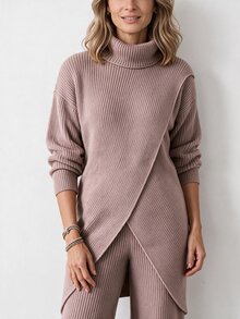 Louniche Elegant High Neck Asymmetrical Hem Long Sleeve Women's Sweater 2 Pieces Set - Brown - View 6
