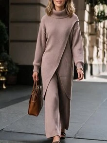 Louniche Elegant High Neck Asymmetrical Hem Long Sleeve Women's Sweater 2 Pieces Set - Brown - View 2