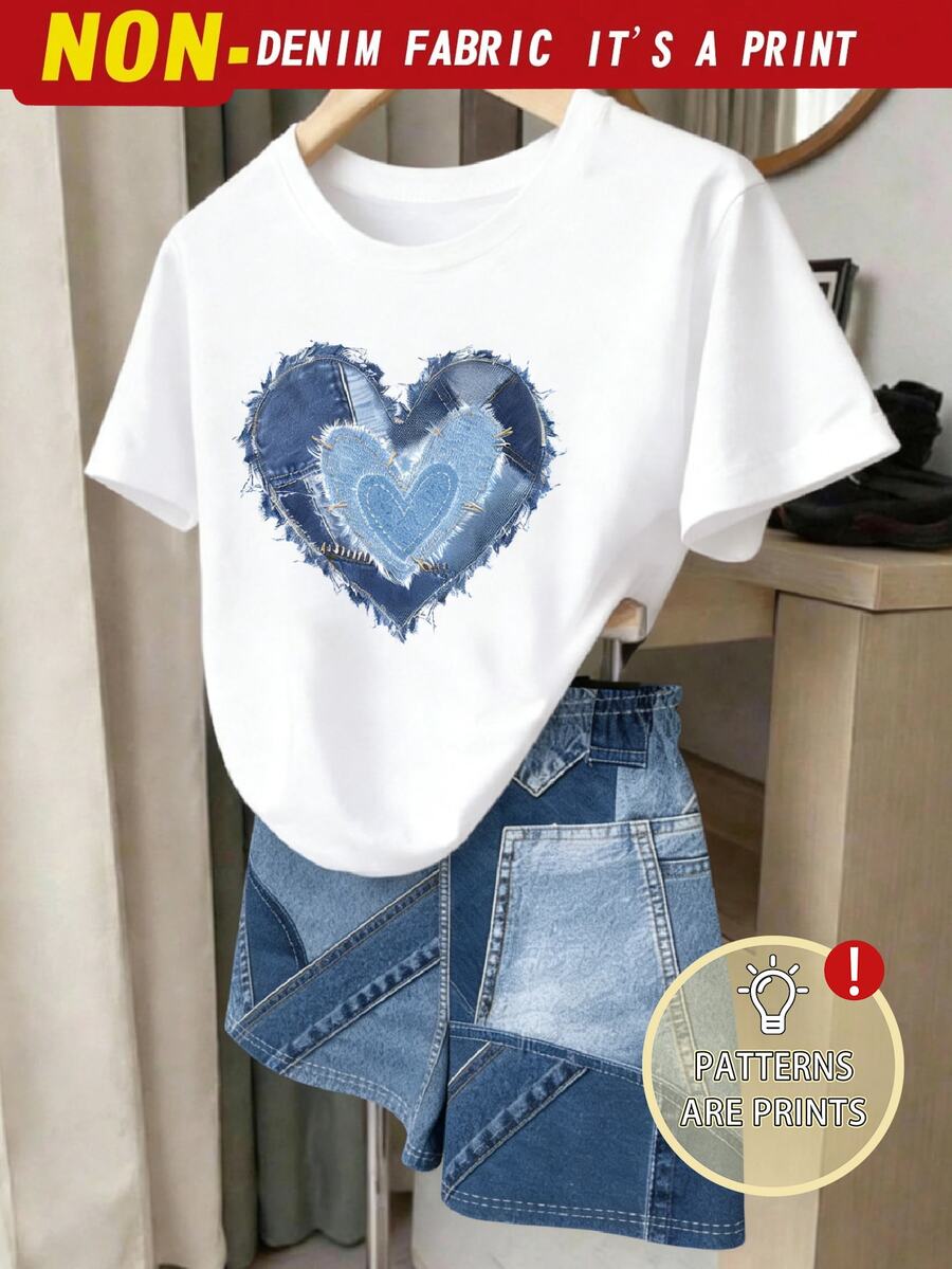 Tween Girls Digital Diamond Pattern Short Sleeve & Shorts Set, Casual Comfortable Autumn/Winter Outfit,Back To Schoo,Holidays,Colorful - Black and White - View 1
