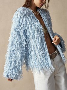 Bohemela Autumn Light Blue Fringe Open-Front Cardigan Sweater Coat For Women Halloween Back To School Going Out Vacation Y2k Boho Country Festival Outfits - Blue - View 5