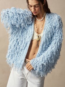 Bohemela Autumn Light Blue Fringe Open-Front Cardigan Sweater Coat For Women Halloween Back To School Going Out Vacation Y2k Boho Country Festival Outfits - Blue - View 2