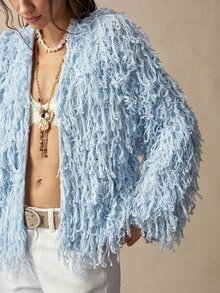 Bohemela Autumn Light Blue Fringe Open-Front Cardigan Sweater Coat For Women Halloween Back To School Going Out Vacation Y2k Boho Country Festival Outfits - Blue - View 4