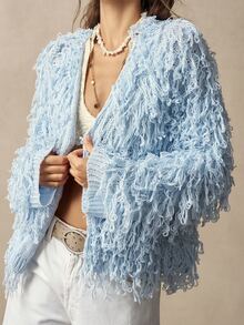 Bohemela Autumn Light Blue Fringe Open-Front Cardigan Sweater Coat For Women Halloween Back To School Going Out Vacation Y2k Boho Country Festival Outfits - Blue - View 6