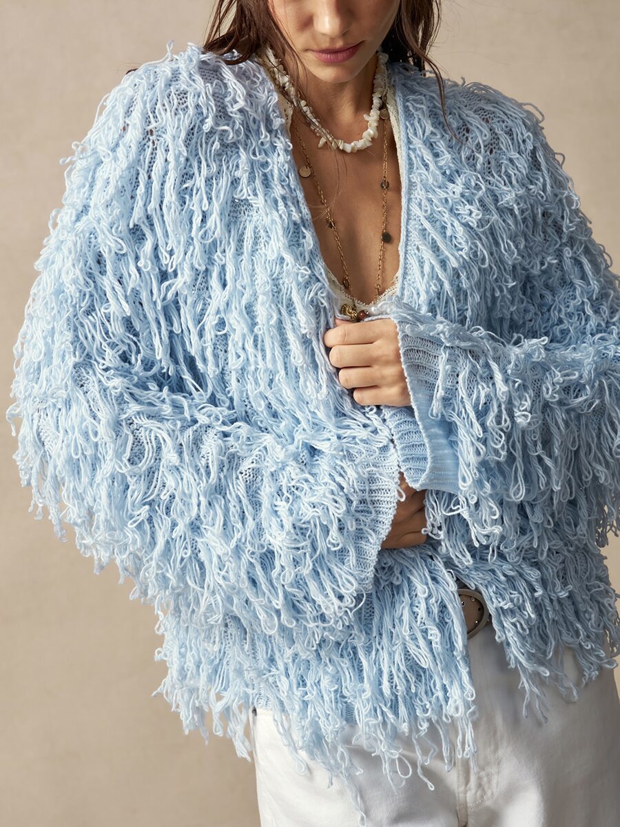 Bohemela Autumn Light Blue Fringe Open-Front Cardigan Sweater Coat For Women Halloween Back To School Going Out Vacation Y2k Boho Country Festival Outfits - Blue - View 1
