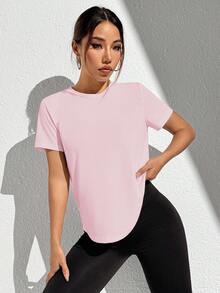 SHEIN Rhythm Era 大码女式纯色露背短袖运动T恤 - 淺粉色 - 查看 7