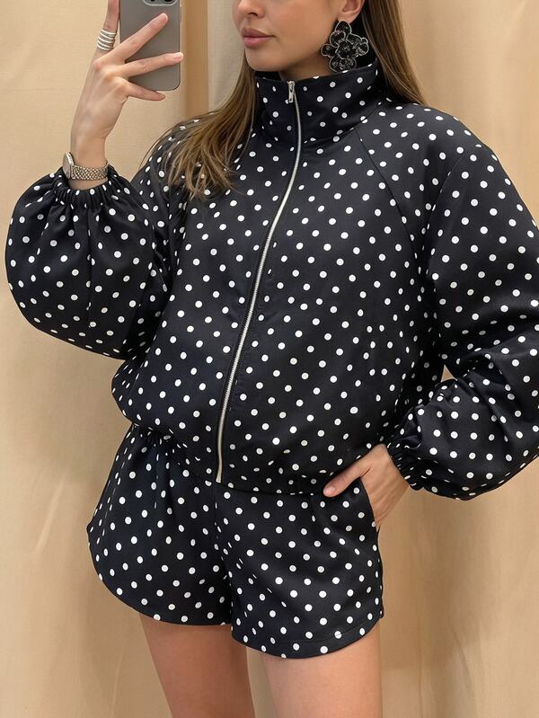 SHEIN SXY Chaqueta de manga larga holgada con puños, estampado de lunares, estilo casual streetwear, para uso diario y nocturno, en blanco y negro, otoño