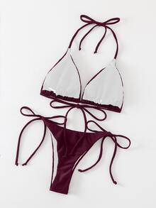 SHEIN Swim 1套女款純色繫帶繃帶比基尼泳衣，夏季海灘度假海灘穿搭 - 酒紅色 - 查看 5