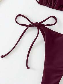 SHEIN Swim 1套女款純色繫帶繃帶比基尼泳衣，夏季海灘度假海灘穿搭 - 酒紅色 - 查看 3