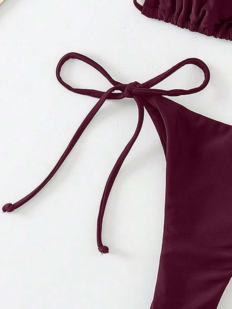 SHEIN Swim 1 Set Women Solid Color Lace-Up Bandage Bikini Swimwear, Beach Wear For Summer Beach Vacation - Burgundy - View 3