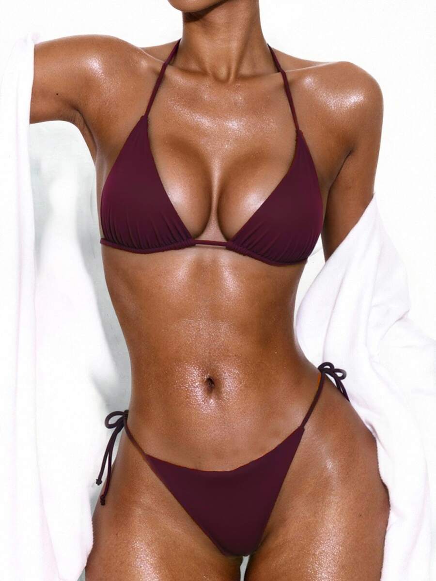 SHEIN Swim 1套女款純色繫帶繃帶比基尼泳衣,夏季海灘度假海灘穿搭 - 酒紅色 - 查看 1