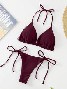 SHEIN Swim 1套女款純色繫帶繃帶比基尼泳衣，夏季海灘度假海灘穿搭 - 酒紅色 - 查看 6