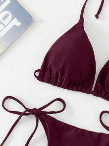 SHEIN Swim 1套女款純色繫帶繃帶比基尼泳衣，夏季海灘度假海灘穿搭 - 酒紅色 - 查看 4