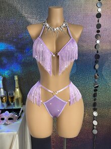 MidnightGlam 2件組時尚性感黑色流蘇內衣套裝，女性性感內衣，成人蜜月熱情約會之夜蕾絲性感內衣套裝 - 淡紫色 - 查看 4