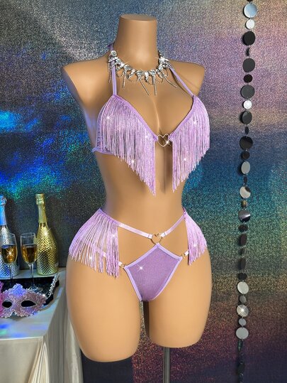 MidnightGlam 2pcs Fashionable Sexy Black Tassel Lingerie Set,Sexy Lingerie For Women,Adult ,Honeymoon,Hot,Date Night,Lingerie,Lace Sexy Lingerie,Sexy Outfit
