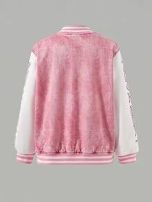 Tween Girls' Jacket, Girly Patchwork Baseball Style Eye-Catching, Pink Design, Single-Breasted Button Closure For Easy On And Off, Loose Drop Shoulder Fit, Suitable For Outings And School Daily Wear, Sweet And Cool Back To School - Multicolor - View 2