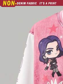 Tween Girls' Jacket, Girly Patchwork Baseball Style Eye-Catching, Pink Design, Single-Breasted Button Closure For Easy On And Off, Loose Drop Shoulder Fit, Suitable For Outings And School Daily Wear, Sweet And Cool Back To School - Multicolor - View 3