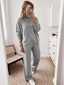 Louniche Elegant High Neck Design Long Sleeve Women's Sweater 2 Pieces Set - Grey - View 1