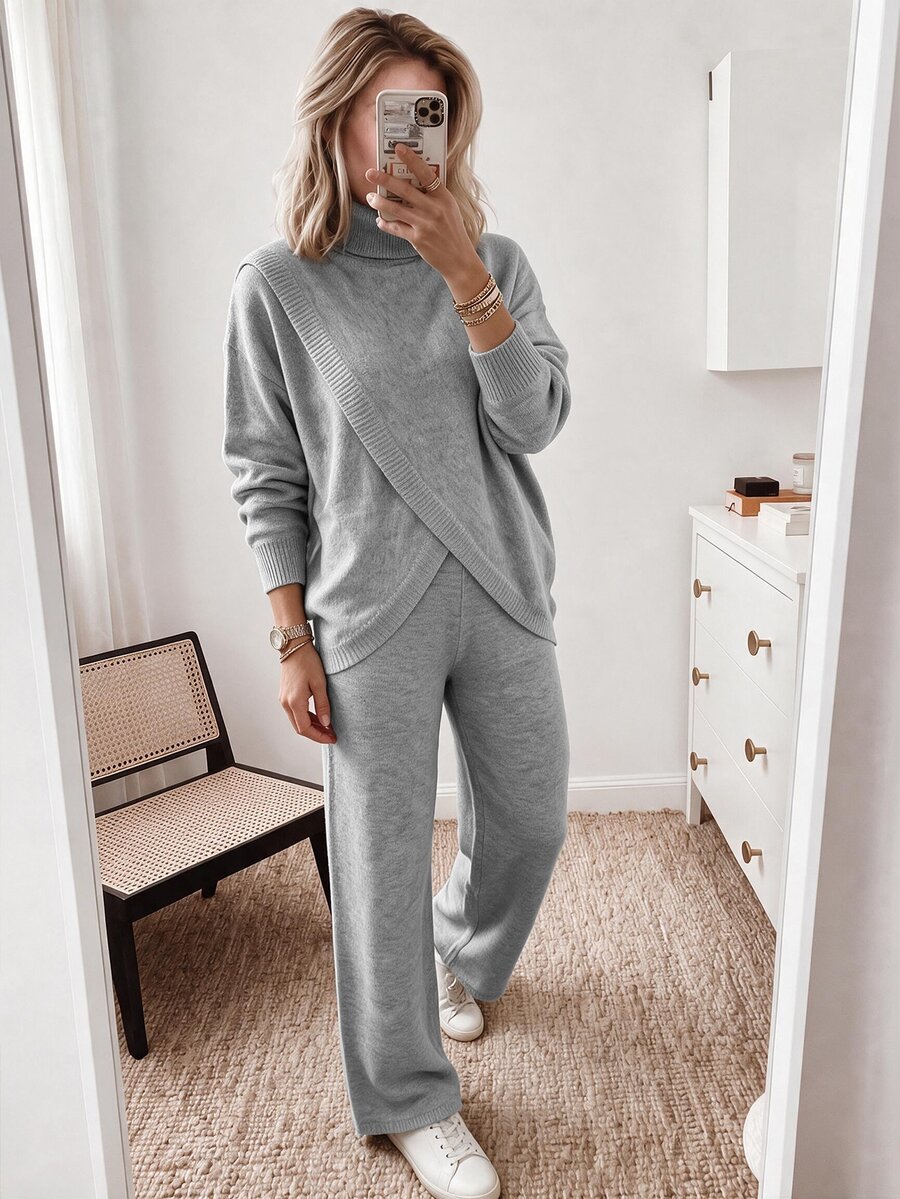 Louniche Elegant High Neck Design Long Sleeve Women's Sweater 2 Pieces Set - Grey - View 1