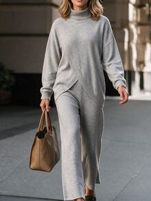 Louniche Elegant High Neck Design Long Sleeve Women's Sweater 2 Pieces Set - Grey - View 4