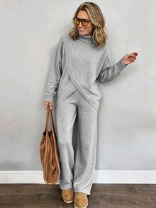 Louniche Elegant High Neck Design Long Sleeve Women's Sweater 2 Pieces Set - Grey - View 8