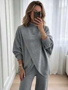 Louniche Elegant High Neck Design Long Sleeve Women's Sweater 2 Pieces Set - Grey - View 9