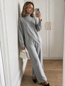 Louniche Elegant High Neck Design Long Sleeve Women's Sweater 2 Pieces Set - Grey - View 5