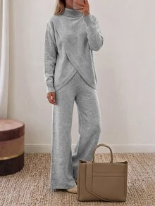 Louniche Elegant High Neck Design Long Sleeve Women's Sweater 2 Pieces Set - Grey - View 7
