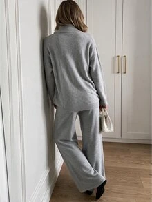 Louniche Elegant High Neck Design Long Sleeve Women's Sweater 2 Pieces Set - Grey - View 2