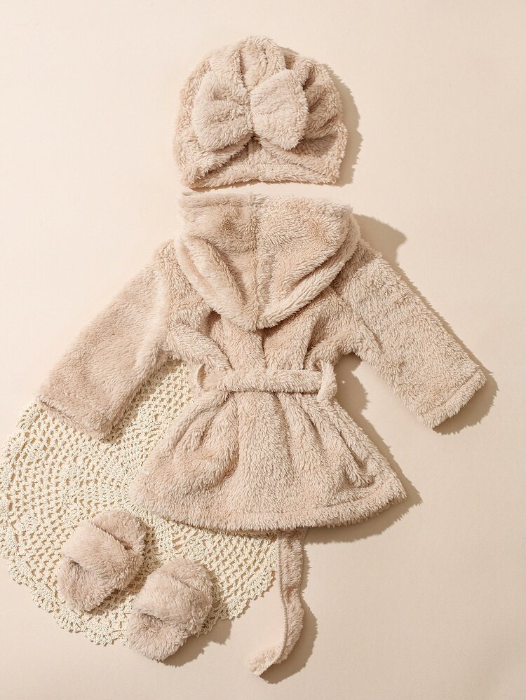 SHEIN Newborn Girl Photography Bathrobe With Matching Turban Hat And Mini Slippers Infant Photoshoot Outfits Love Embroidery Props Squishy Beige Summer Cute - Khaki - View 2