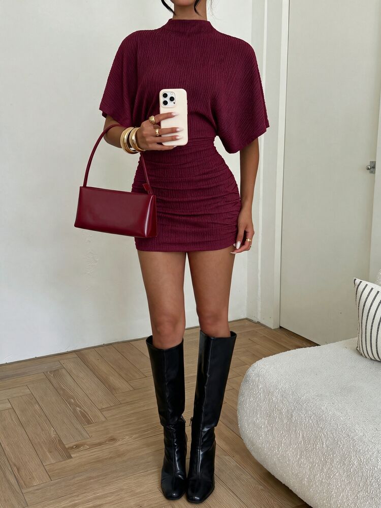 Aloruh Women's Spring/Summer New High Neck Butterfly Sleeve Short Sleeve Backless Loose Top Fitted Bodycon Ruched Mini Dress Black Sexy Mini Dress Suitable For Daily, Casual, Y2K, Streetwear, Back To School - Red Violet - View 8
