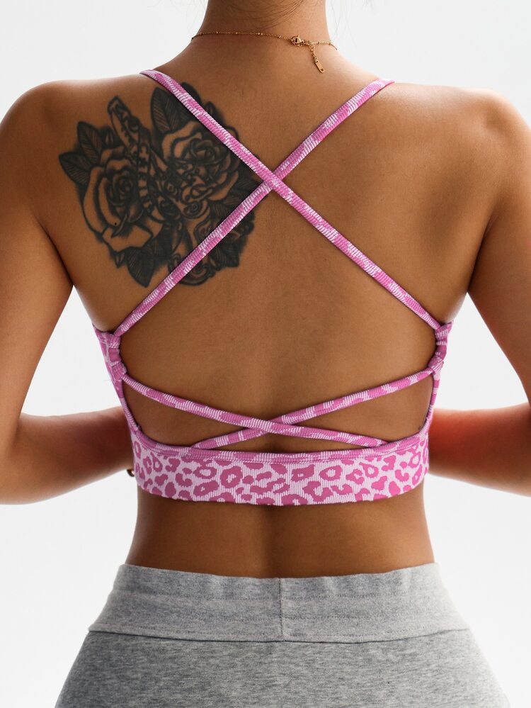 SHEIN Sovereign Charm 1pc Women's Criss-Cross Racerback Sports Bra,Pink Leopard Print,Summer,Sexy,Gym Cheetah Print Yoga Running Sports Bra - Hot Pink - View 2
