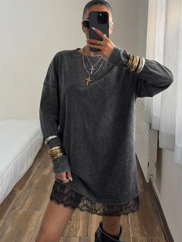 Muchica Women's Korean Street Style Lace Patchwork Round Neck Dress